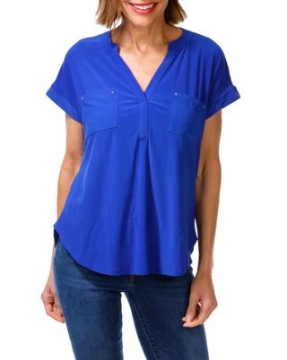 Thumbnail 1: Joie De Vivre Women's Comfort Stretch 2 Pocket Metal Studded Top 