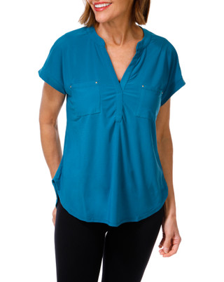 Thumbnail 1: Joie De Vivre Women's Comfort Stretch 2 Pocket Metal Studded Top 