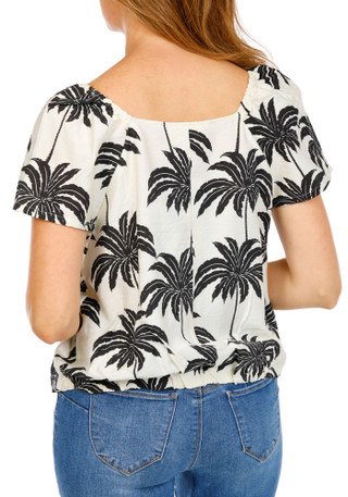 Thumbnail 2: MELLODAY Women's Linen Leaf Print Short Sleeve Top 