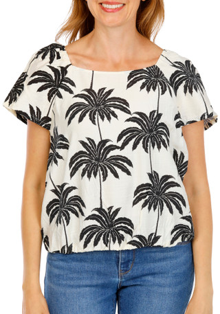 Thumbnail 1: MELLODAY Women's Linen Leaf Print Short Sleeve Top 