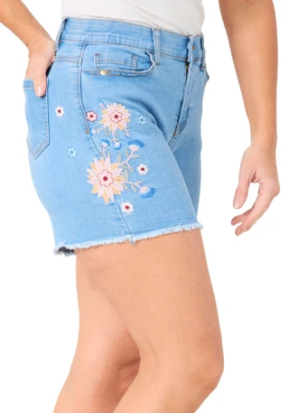 Thumbnail 2: Stella Parker Petite Embroidered Fray Hem Denim Shorts 