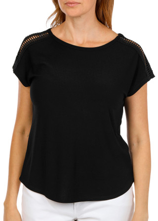 Thumbnail 1: 89th & Madison Women's Short Sleeve Solid Lace Dolman Top 