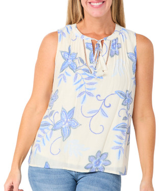Thumbnail 1: HARPER 241 Women's Sleeveless Pinktuck Print Tie Front Top 