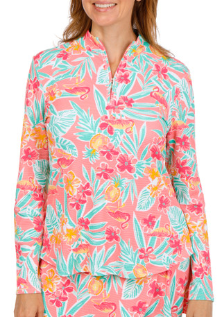 Thumbnail 1: Coral Bay Golf Coral Bay Golf Women's Long Sleeve Fruity Palm 1/4 Zip Polo Top 