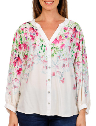 Thumbnail 2: FIGUEROA & FLOWER Women's 3/4 Sleeve Floral Split Neck Button Down Top 