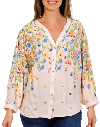 Thumbnail 1: FIGUEROA & FLOWER Women's 3/4 Sleeve Floral Split Neck Button Down Top 