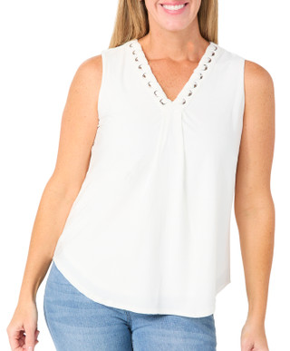 Thumbnail 1: HARPER 241 Petite Sleeveless Grommet V Neck Top 