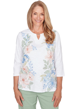 Thumbnail 1: Alfred Dunner Womens 3Q Sleeve Blooming Floral Embroidered Top 