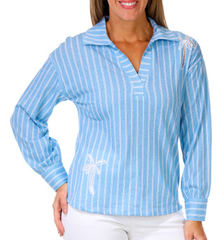 Thumbnail 1: Kiss & Fly Petite Long Sleeve Embroidered Palm Striped Top 