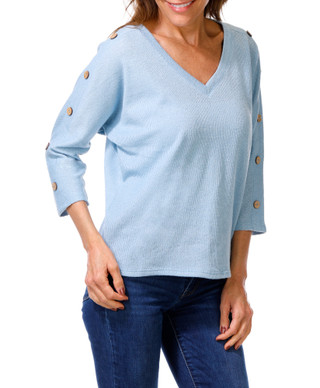Thumbnail 1: 3RD + Malt Women's Petite V-Neck Button Sleeve Top 