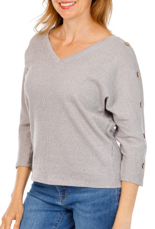 Thumbnail 1: 3RD + Malt Women's Petite V-Neck Button Sleeve Top 