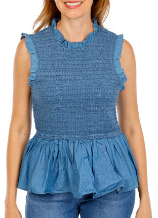Thumbnail 2: FARMERS MARKET Women's Denim Smocked & Ruffled Shirt 