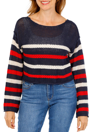Thumbnail 2: MOON & MADISON Juniors Long Sleeve Open Crochet Americana Striped Sweater 