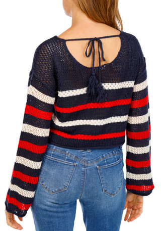 Thumbnail 1: MOON & MADISON Juniors Long Sleeve Open Crochet Americana Striped Sweater 