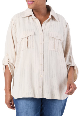 Thumbnail 1: 3RD & MALT Women's Plus Stripe Print Button Down Top  
