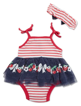 Thumbnail 3: Little Lass Baby Girls 2 Pc Americana Tutu Bodysuit with Headband 