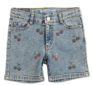 Thumbnail 1: Wallflower Girls Cherry Rhinestone Denim Midi Shorts  