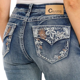 Thumbnail 3: Charme Women's Floral Flap Pocket Bootcut Jeans 