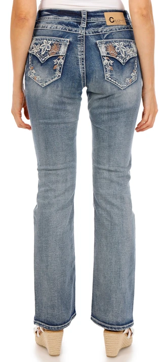 Thumbnail 1: Charme Women's Floral Flap Pocket Bootcut Jeans 