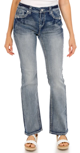 Thumbnail 2: Charme Women's Floral Flap Pocket Bootcut Jeans 