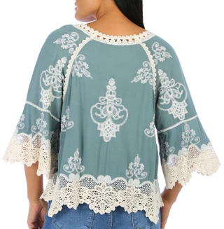 Thumbnail 3: Democracy Women's 3/4 Sleeve Split Neck Cropped Crochet Top 