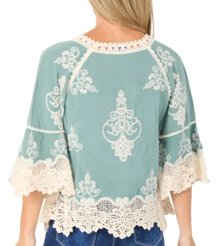 Thumbnail 2: Democracy Women's 3/4 Sleeve Split Neck Cropped Crochet Top 