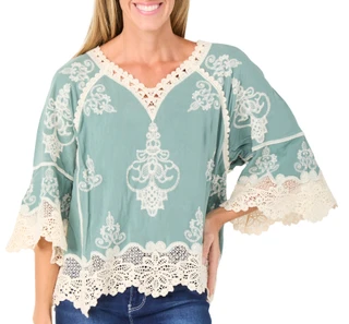Thumbnail 1: Democracy Women's 3/4 Sleeve Split Neck Cropped Crochet Top 