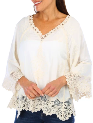 Thumbnail 3: Democracy Women's 3/4 Sleeve Split Neck Cropped Crochet Top 