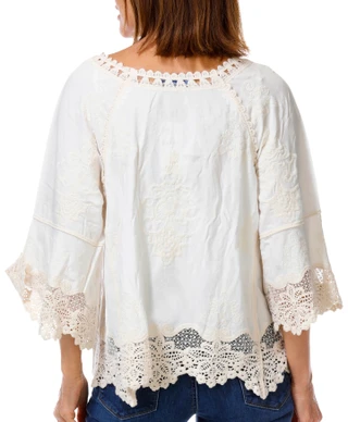 Thumbnail 2: Democracy Women's 3/4 Sleeve Split Neck Cropped Crochet Top 