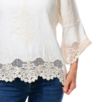 Thumbnail 3: Democracy Women's 3/4 Sleeve Split Neck Cropped Crochet Top 