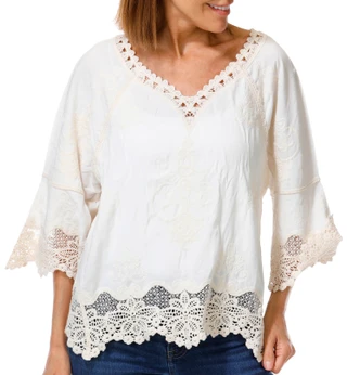 Thumbnail 1: Democracy Women's 3/4 Sleeve Split Neck Cropped Crochet Top 