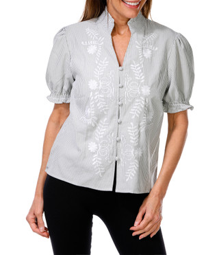 Thumbnail 1: LIV LOS ANGELES Women's Embroidered Button Down Ruffle Neck & Sleeve Top  