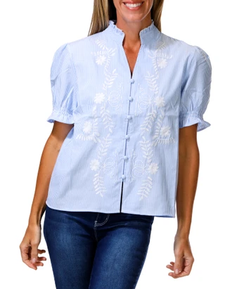 Thumbnail 1: LIV LOS ANGELES Women's Embroidered Button Down Ruffle Neck & Sleeve Top  