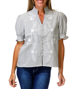 Thumbnail 2: LIV LOS ANGELES Women's Embroidered Button Down Ruffle Neck & Sleeve Top  