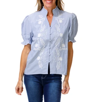 Thumbnail 1: LIV LOS ANGELES Women's Embroidered Button Down Ruffle Neck & Sleeve Top  