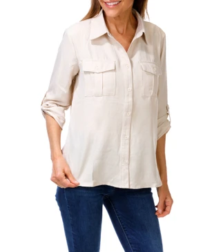 Thumbnail 1: 3RD & MALT Women's Petite Solid Button Down Top  