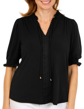Thumbnail 1: RIO & RIAN Women's Crepe Ruffle Neck Tie Top 