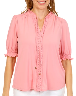 Thumbnail 1: RIO & RIAN Women's Crepe Ruffle Neck Tie Top 