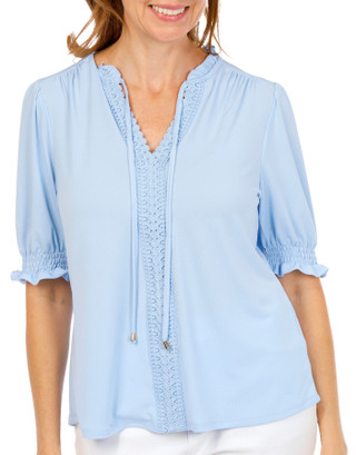 Thumbnail 1: RIO & RIAN Women's Crepe Ruffle Neck Tie Top 