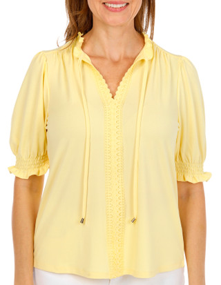 Thumbnail 1: RIO & RIAN Women's Crepe Ruffle Neck Tie Top 