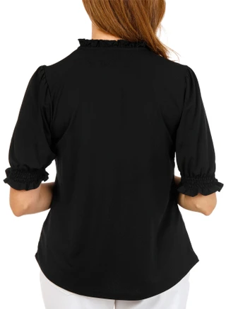 Thumbnail 2: RIO & RIAN Women's Crepe Ruffle Neck Tie Top 