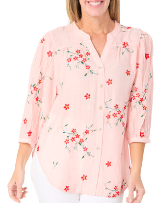 Thumbnail 1: FIGUEROA & FLOWER Women's 3/4 Sleeve Button Front Embroidered Top 