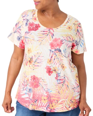 Thumbnail 2: ONE WORLD Plus Short Sleeve Print Top 