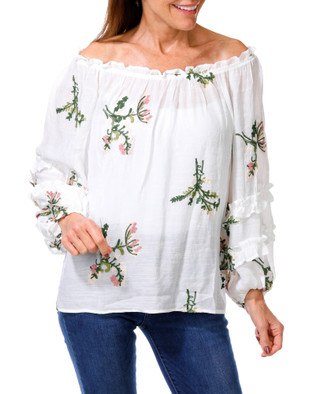Thumbnail 1: Vivid aura Women's Embroidered Ruffled Sleeve Peasant Top 