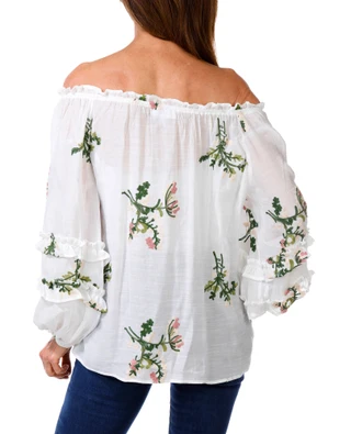 Thumbnail 2: Vivid aura Women's Embroidered Ruffled Sleeve Peasant Top 