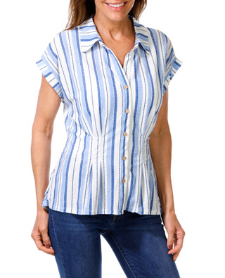 Thumbnail 1: Joie De Vivre Women's Striped Smocked Waist Button Up Top 