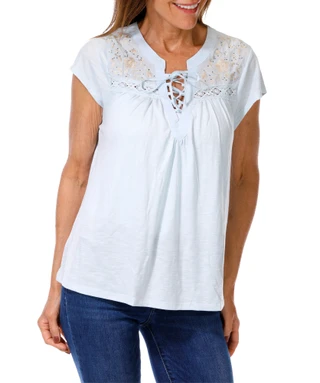 Thumbnail 1: Tru Self Women's Embroidered Rhinestone Yoke Peasant Top 