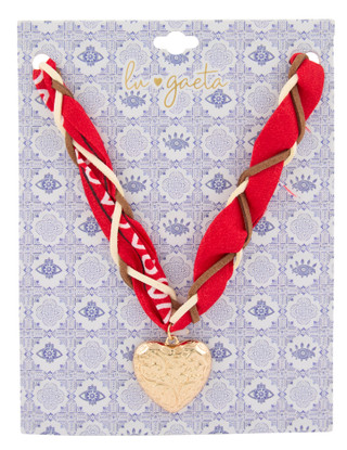 Thumbnail 1: LU GAETA Red Fabric Necklace with Gold Heart Charm 