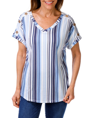 Thumbnail 1: Tru Self Women's Muti Stripe Shoulder Button Top 