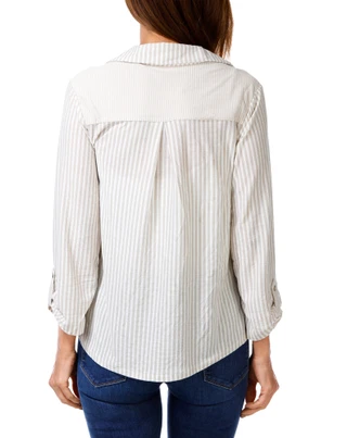 Thumbnail 4: Joie De Vivre Women's Collared Roll Tab Sleeve Striped Top 